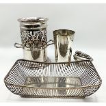 Quantity of white metal and silver plated items to include a wine bottle holder, a pierced basket,