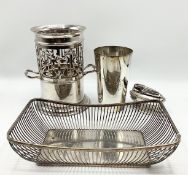 Quantity of white metal and silver plated items to include a wine bottle holder, a pierced basket,