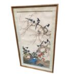 A large oriental hand painted silk, magpies on cherry tree, signature with Red stamp, together
