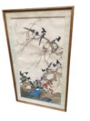 A large oriental hand painted silk, magpies on cherry tree, signature with Red stamp, together