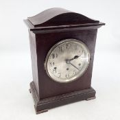 A large mahogany cased 8 day mantle clock, chime striking with silvered dial and Arabic makers,
