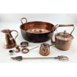 Brass fire fender, large copper jam pan, copper kettle and milk warming pan, brass toasting fork etc