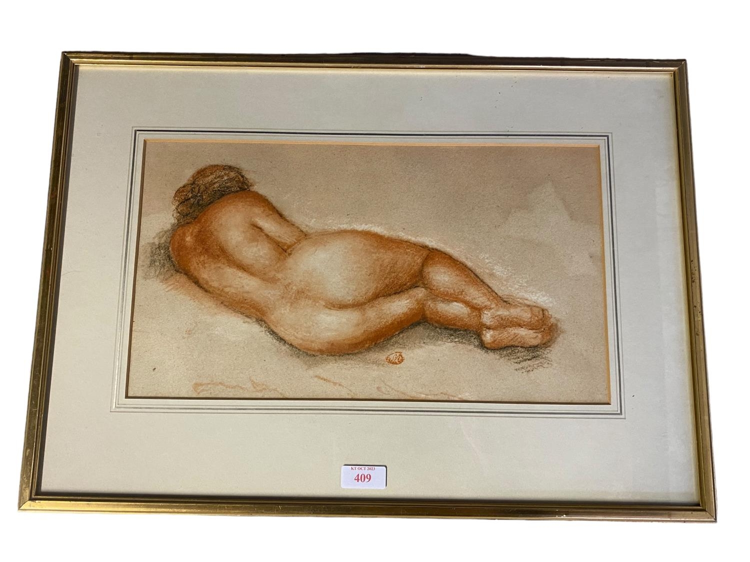 A pastel study of a reclining female nude monogramed lower centre, in a gilt glazed frame 23cm x x39