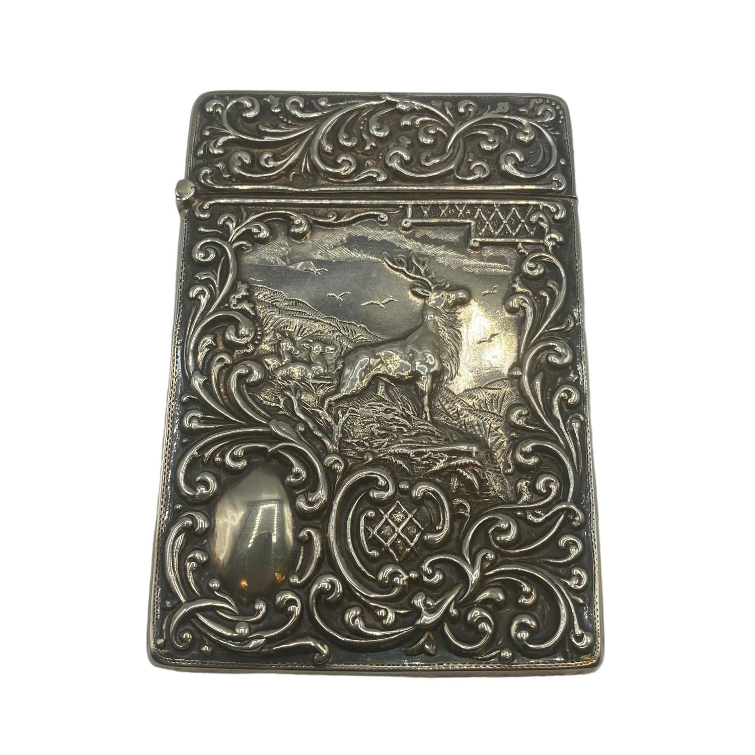 Two sterling silver card cases, one with a stag in a landscape, vacant cartouche, scrolling surround - Image 9 of 10