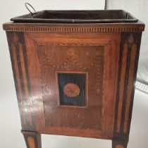 A mahogany inlaid Edwardian planter with inset metal liner on square tapered legs, 80cmH (AS FOUND)