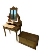 A pine dressing table with swing mirror and shelf over, 93cm W; and a small pine trunk 83cm L x 39cm