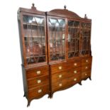 A good Regency breakfront inlaid mahogany library bookcase, with glazed upper parts, 260cmH x 244cmW