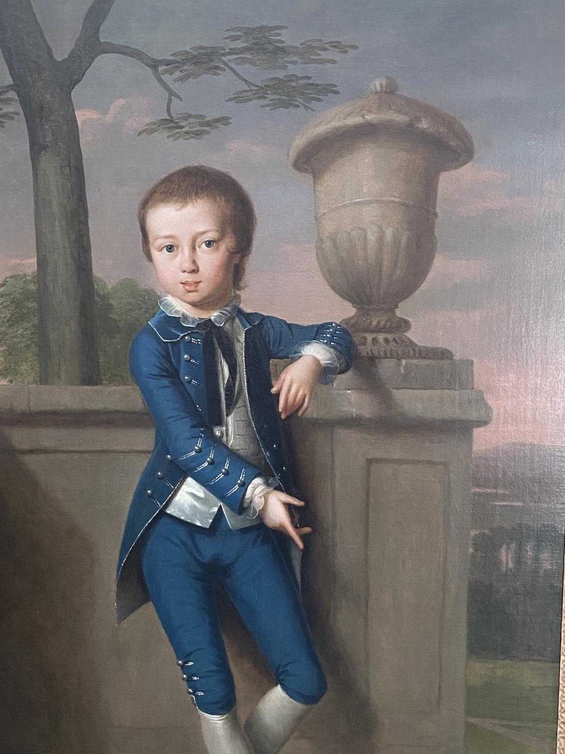 Attributed to Hugh Barron (1745 - 1791), Portrait of a Boy in Blue in an architectural Landscape, - Image 6 of 10