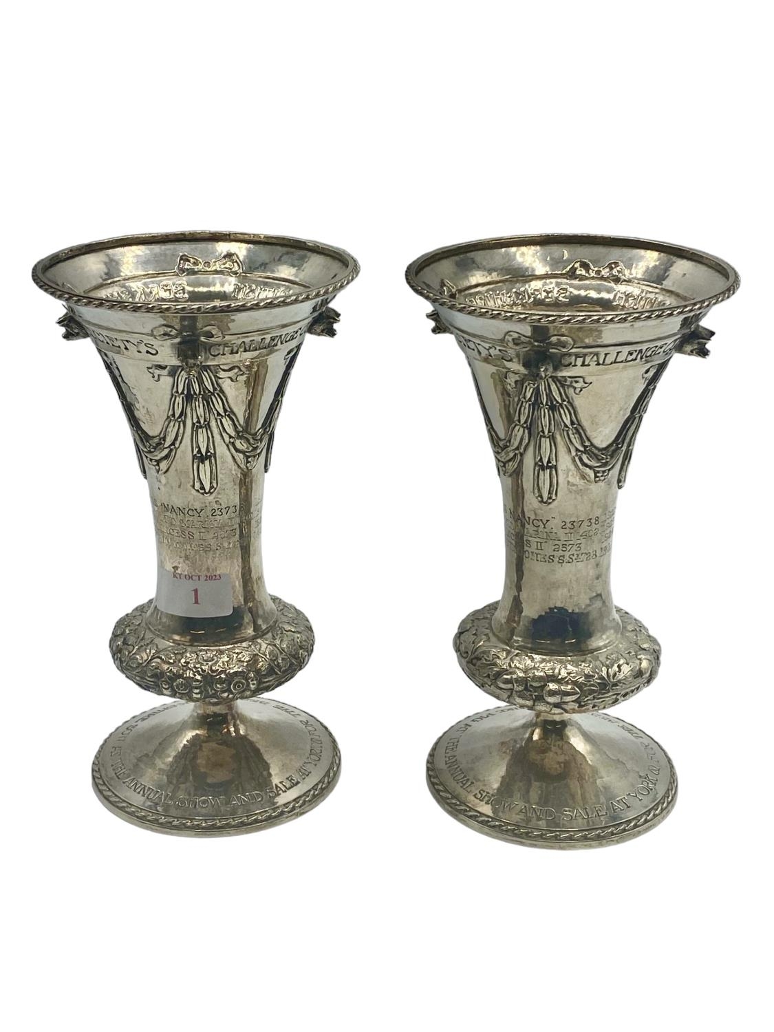 A good pair of sterling silver trumpet vases The British Berkshire Society's Challenge Cup inscribed
