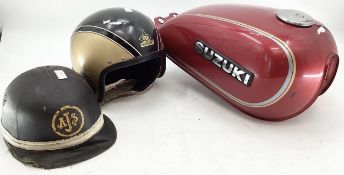 A collection of motorcycle related items, an ATS leather helmet, a vintage helmet with BSA gold star