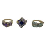 Three 9ct gold gem set dress rings (size K/K/L) 11.08 g