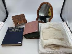 Wooden dressing table mirror and a book stand with set leather bound reference library books,