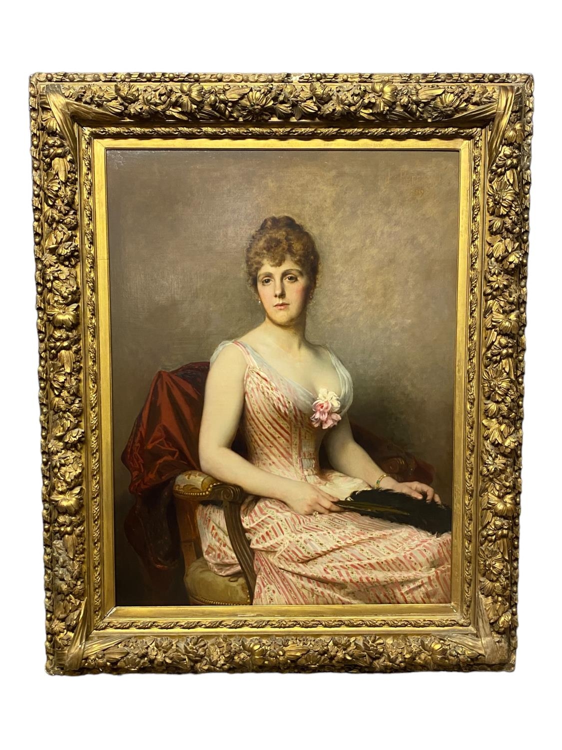 LEON JEAN BASILE PERRAULT (1832 - 1908), French, oil on canvas, of a Victorian Lady, "Lady holding a - Image 3 of 11