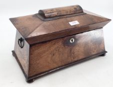 A mahogany sarcophagus tea caddy, fitted interior, missing glass bowl, 36cmW