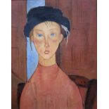After Modigliani, modern reproduction, oil on canvas, child in beret, Verso: Bambino con Berretto,