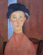 After Modigliani, modern reproduction, oil on canvas, child in beret, Verso: Bambino con Berretto,