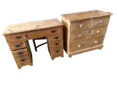 A small pine chest of 2 short over 2 long drawers 89cmW x 82cmH and a small pine knee hole desk with