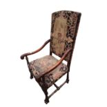 Jacobean style walnut high backed needlepoint arm chair