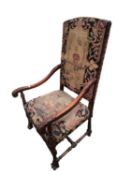 Jacobean style walnut high backed needlepoint arm chair