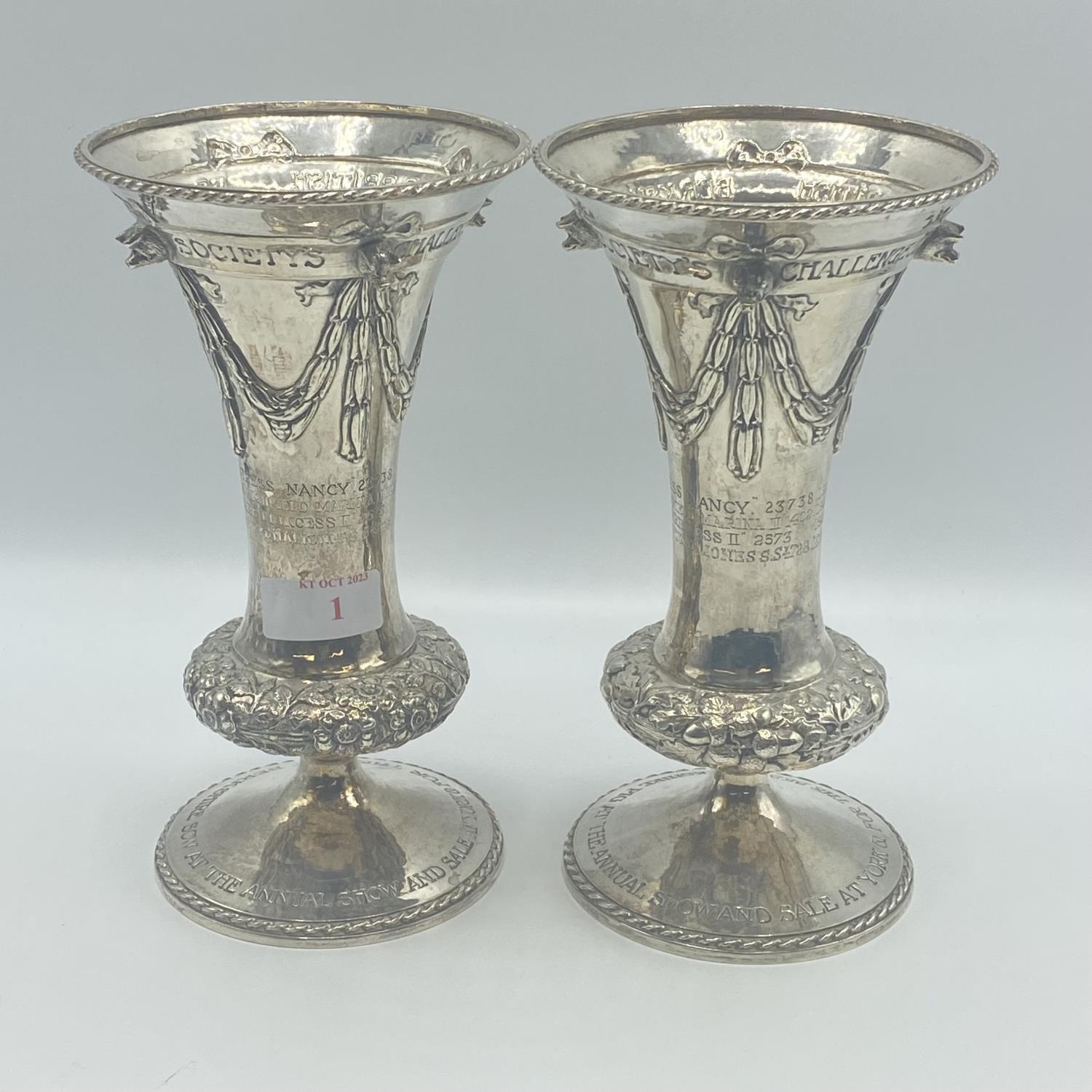 A good pair of sterling silver trumpet vases The British Berkshire Society's Challenge Cup inscribed - Image 2 of 11
