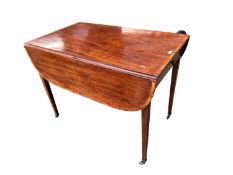 A mahogany and line inlaid pembroke table on tapering legs, 92cmW 105 cm with leaves up x 71.5 cm H