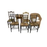 Set of 3 Arts and Crafts style seat side chairs, 2 others, a cane chair and small oak bedside
