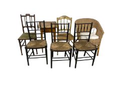 Set of 3 Arts and Crafts style seat side chairs, 2 others, a cane chair and small oak bedside