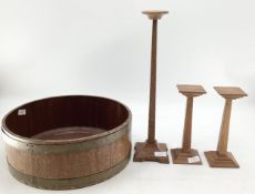 Three oak hat stands, and oak barrel planter