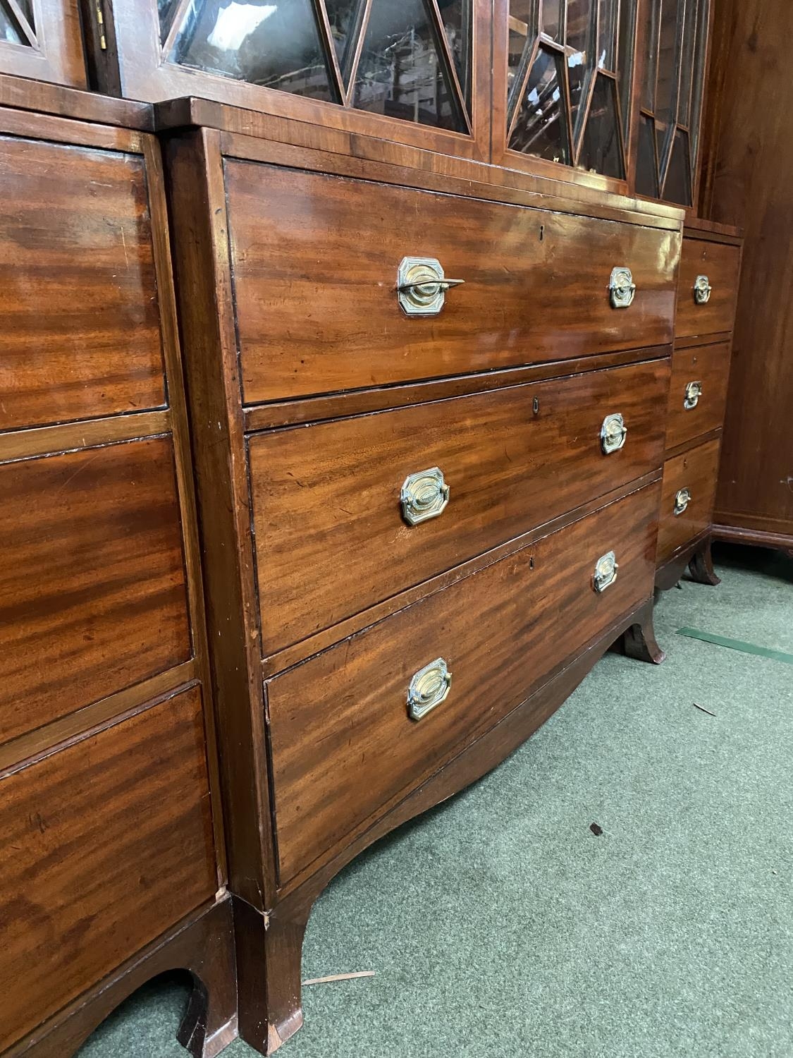 A good Regency breakfront inlaid mahogany library bookcase, with glazed upper parts, 260cmH x 244cmW - Image 8 of 9