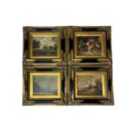 Set of four oil on board, early C20th, unsigned, country scenes, city scape and interior, in gilt