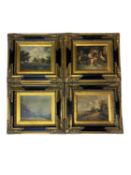 Set of four oil on board, early C20th, unsigned, country scenes, city scape and interior, in gilt