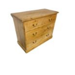 Natural pine small chest of 2 short over 2 long graduated drawers with brass handles 100 cm L x 81