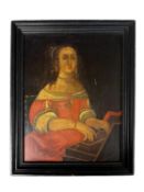 C18th style half length portrait of a lady playing the pianola, oil on board, 48 x 37, in a