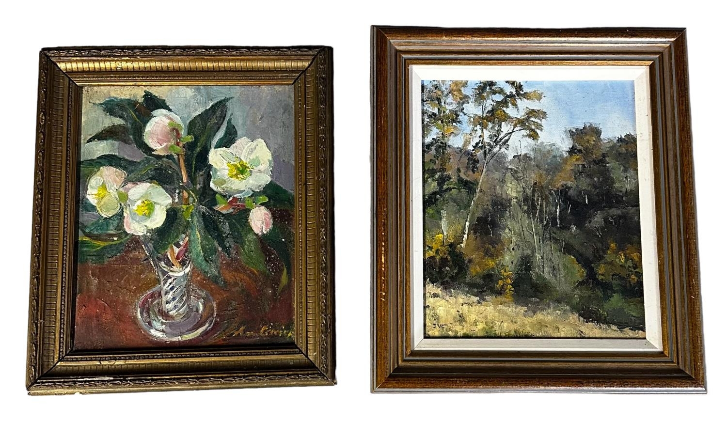 Oil on Canvas, Floral still life, 29cm x 23.5cm, signed indistinctly lower right, in carved wooden