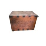 A heavy rustic Victorian oak brass bound trunk silver chest, with large carrying handles, 92cm W x