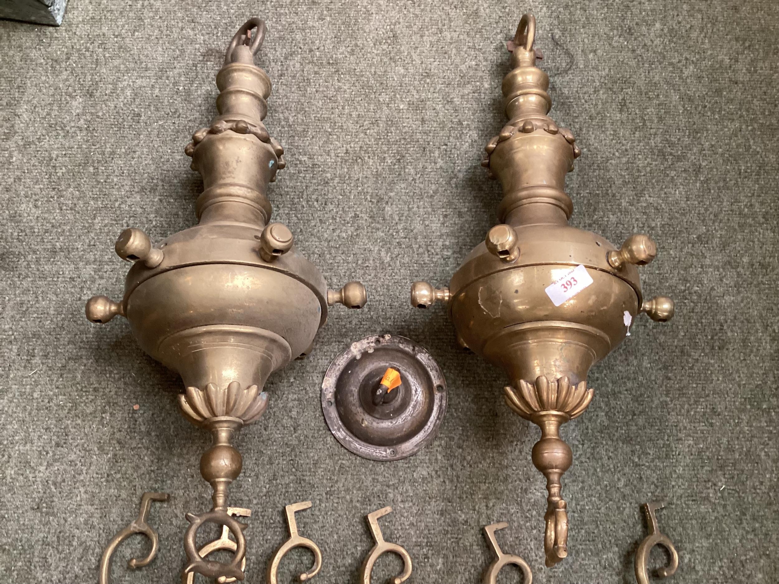 A pair of brass six branch ceiling chandleries - Image 3 of 4