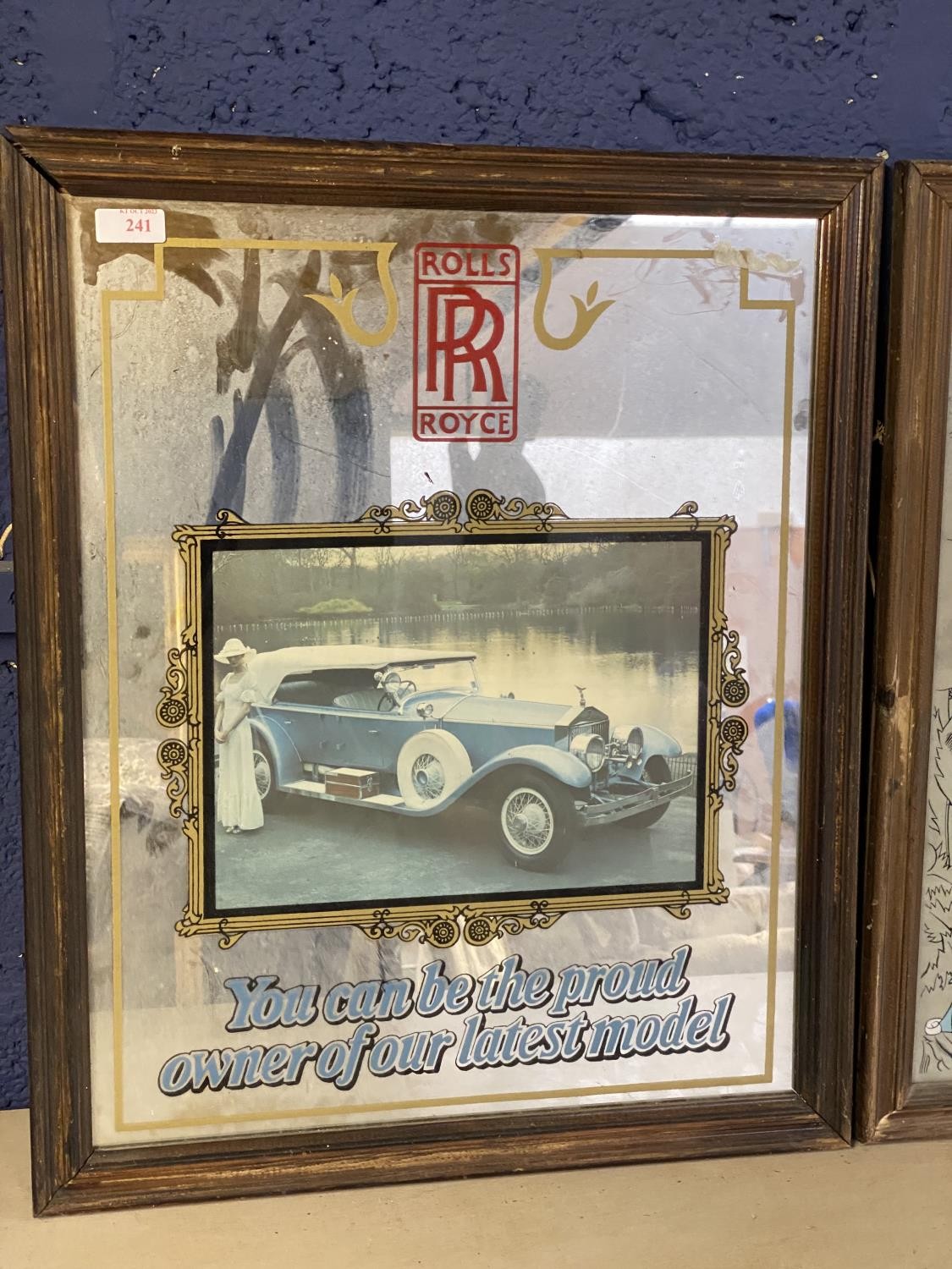 Pair of wall mirrors, advertising Rolls Royce and Cadillac, 51.5 x 41cm, some wear to frame - Image 2 of 3