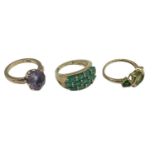 3 x 9 ct gold and gem set rings sizes J/K/L 9.9 g