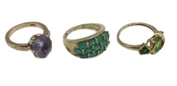 3 x 9 ct gold and gem set rings sizes J/K/L 9.9 g