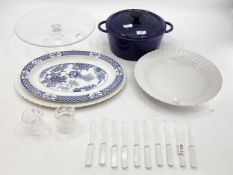 A collection of glass cutlery, salt etc, and meat plates bowls and Nomar casserole dish
