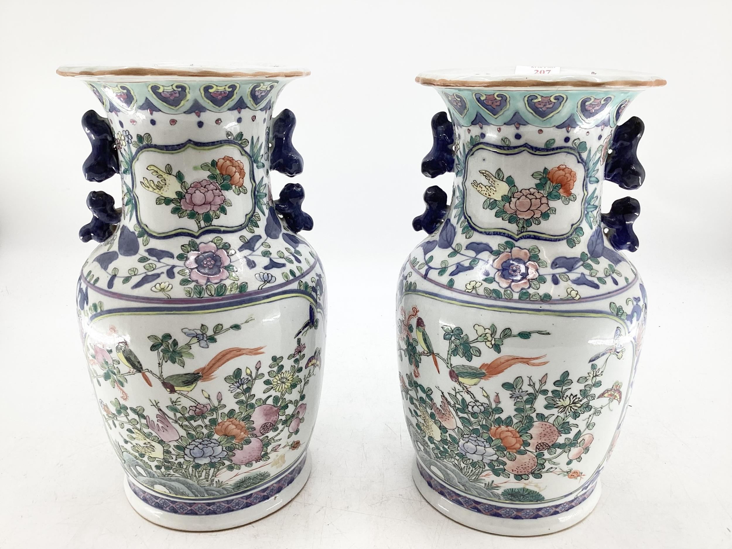 Pair of C20th decorative Chinese style vases, decorated birds and foliage, 36cmH