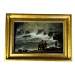 An oil on canvas, coastal scene, with wrecked ship, indistinctly signed lower right, in gilt