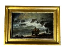 An oil on canvas, coastal scene, with wrecked ship, indistinctly signed lower right, in gilt