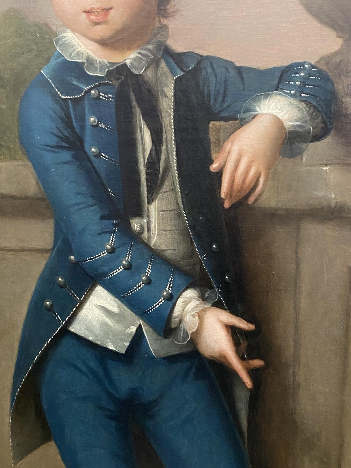 Attributed to Hugh Barron (1745 - 1791), Portrait of a Boy in Blue in an architectural Landscape, - Image 4 of 10
