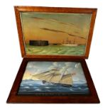 A glazed and stained wooden framed print, of a fully masted ship in rough waters, titled to mount, "