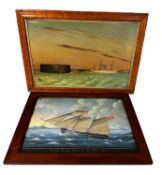 A glazed and stained wooden framed print, of a fully masted ship in rough waters, titled to mount, "