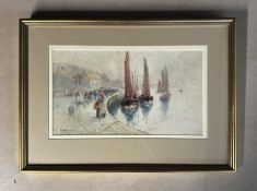 Frank Rousse (act. 1894 - 1917) watercolour on paper harbour scene in a gilt glazed frame, signed