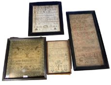 4 framed and glazed needlework samplers all undated possibly C19th and early C20th one by M. Penfold