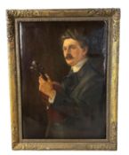 A C19th oil on canvas, seated portrait of a gentleman and his violin, 75cm x 55cm wide, in gilt