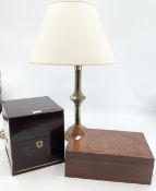 A coromandel and brass four section decanter box in burr walnut humidor and a brass table lamp